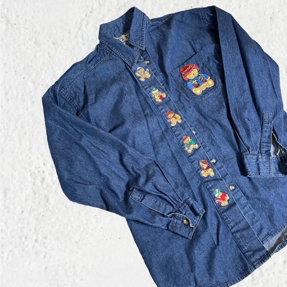 Womens Large Christmas Denim Shirt Relaxed Cotton LS Button Front Teddy Bears - Picture 2 of 4
